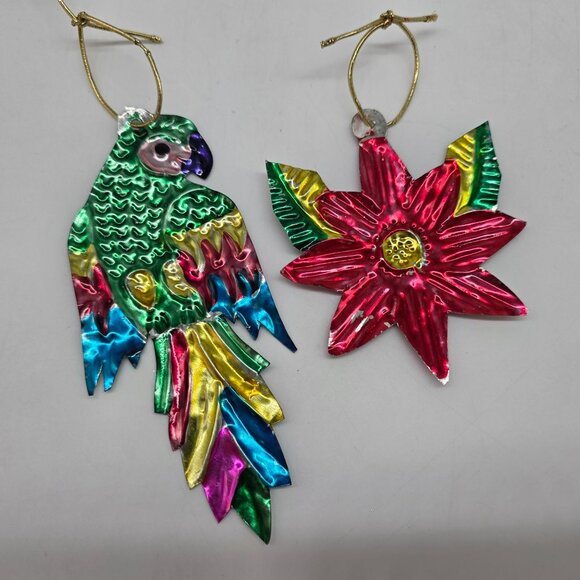 Mexican Folk Art Colorful Tin Parrot & Flower Hanging Ornaments Holiday Decor - Picture 4 of 5